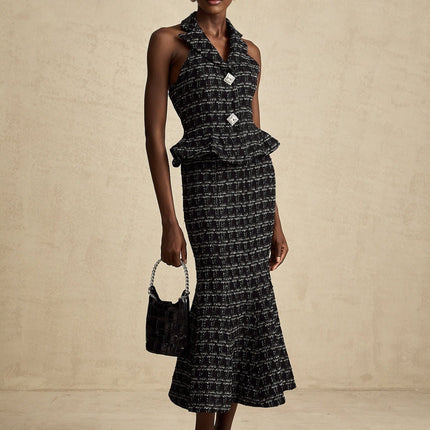 Serena Black Tweed Halterneck Vest Top and Mermaid Hem Skirt Set with Metallic Threading and Crystal Embellishment
