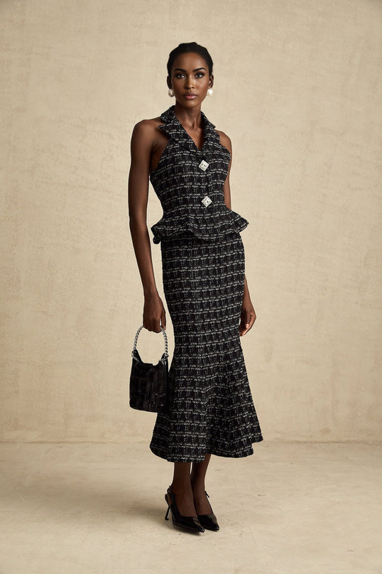 Serena Black Tweed Halterneck Vest Top and Mermaid Hem Skirt Set with Metallic Threading and Crystal Embellishment