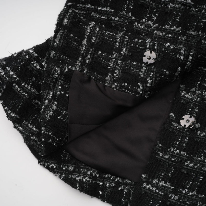 Serena Black Tweed Halterneck Vest Top and Mermaid Hem Skirt Set with Metallic Threading and Crystal Embellishment