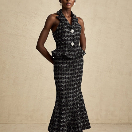 Serena Black Tweed Halterneck Vest Top and Mermaid Hem Skirt Set with Metallic Threading and Crystal Embellishment