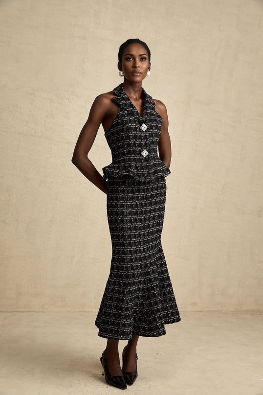 Serena Black Tweed Halterneck Vest Top and Mermaid Hem Skirt Set with Metallic Threading and Crystal Embellishment