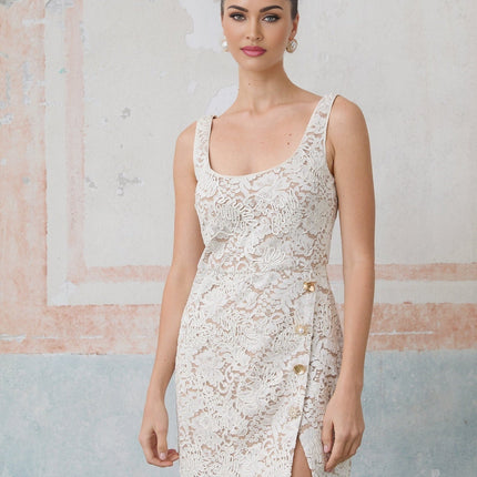 Serena Off White Corded Lace Mini Dress with Gold Buttons and Side Slit