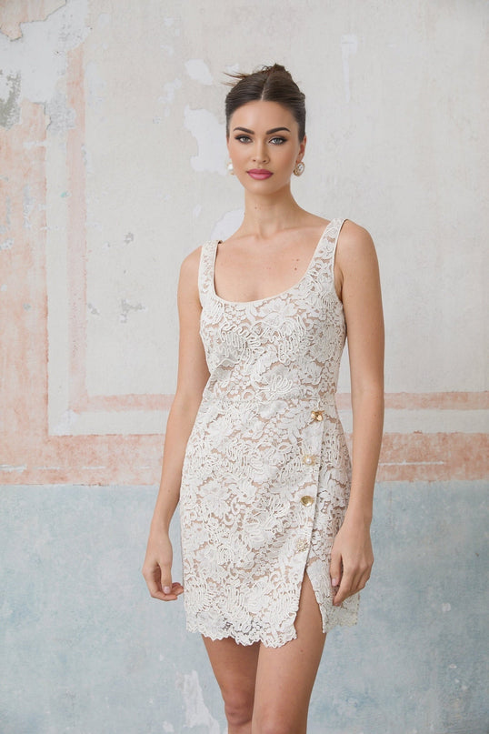 Serena Off White Corded Lace Mini Dress with Gold Buttons and Side Slit