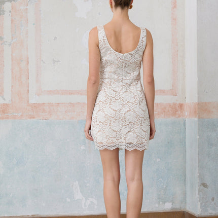 Serena Off White Corded Lace Mini Dress with Gold-Tone Buttons and Side Slit