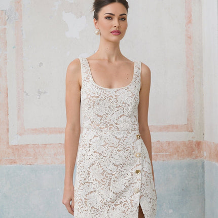 Serena Off White Corded Lace Mini Dress with Gold Buttons and Side Slit