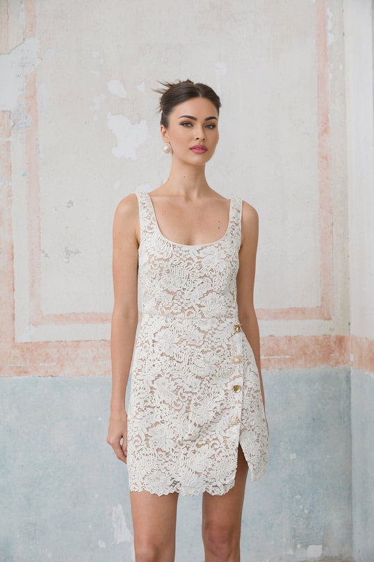Serena Off White Corded Lace Mini Dress with Gold Buttons and Side Slit
