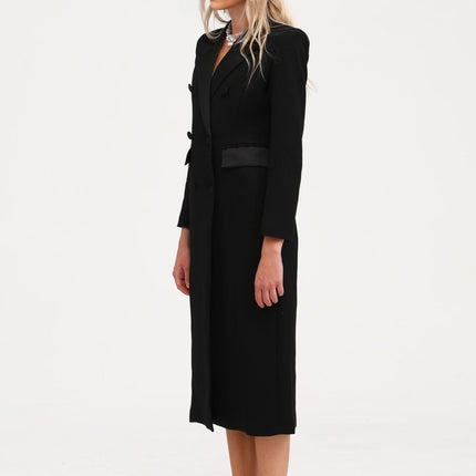 Serenity Black Wool Blend Double-Breasted Coat with Notched Lapels and Flap Pockets