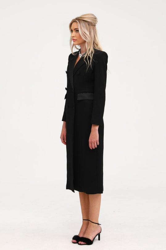 Serenity Black Wool Blend Double-Breasted Coat with Notched Lapels and Flap Pockets