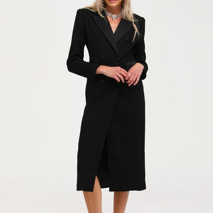 Serenity Black Wool Blend Coat Notched Lapels Double Breasted Button Fastening Chest Welt Pocket Jetted Pocket Front Flap Pockets Straight Hem Ankle Length Sophisticated Elegance Luxury Craftsmanship