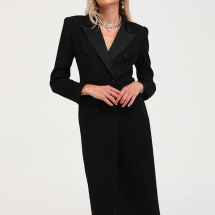 Serenity Black Wool Blend Double-Breasted Coat Notched Lapels Chest Welt Pocket Ankle-Length