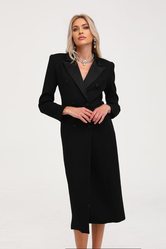 Serenity Black Wool Blend Double-Breasted Coat Notched Lapels Chest Welt Pocket Ankle-Length