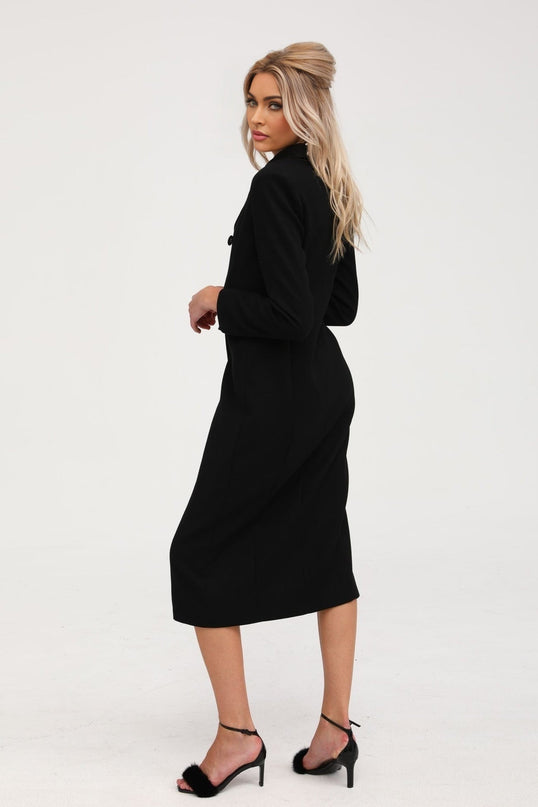 Serenity Black Wool Blend Double-Breasted Coat with Notched Lapels and Flap Pockets