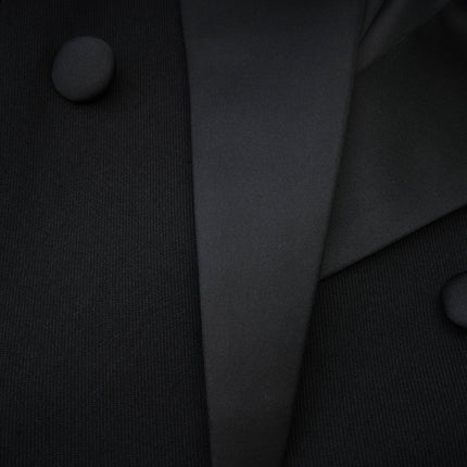 Serenity Black Wool Blend Coat Notched Lapels Double Breasted Button Fastening Long Sleeves Chest Welt Pocket Jetted Pocket Front Flap Pockets Straight Hem Ankle Length