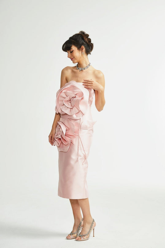 Serenity Pink Faux-Flower Midi Dress