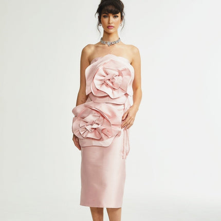 Serenity Pink Faux-Flower Off-Shoulder Midi Dress 100% Polyester