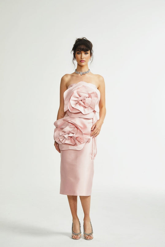 Serenity Pink Faux-Flower Off-Shoulder Midi Dress 100% Polyester