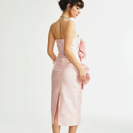 Serenity Pink Faux-Flower Off-Shoulder Midi Dress