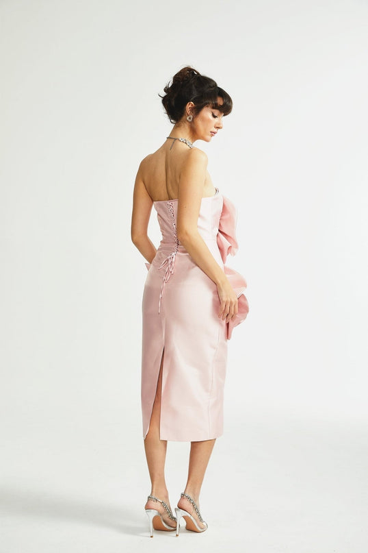 Serenity Pink Faux-Flower Off-Shoulder Midi Dress