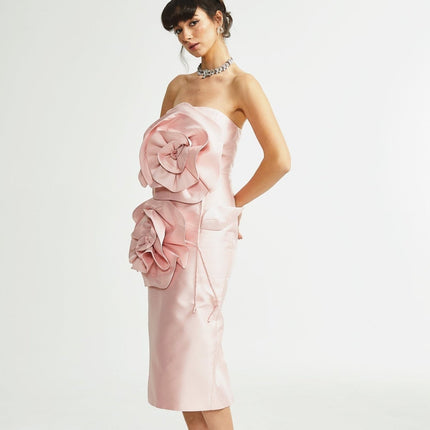 Serenity Pink Faux-Flower Off-Shoulder Midi Dress 100% Polyester