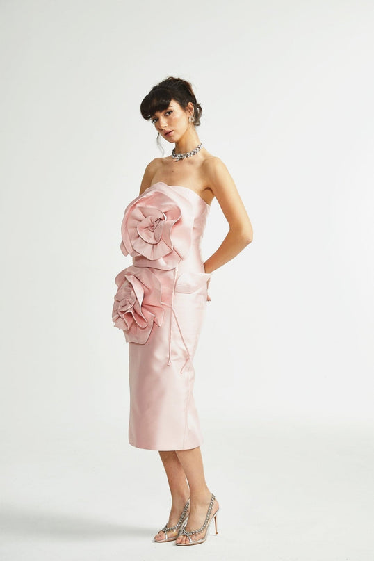 Serenity Pink Faux-Flower Off-Shoulder Midi Dress 100% Polyester