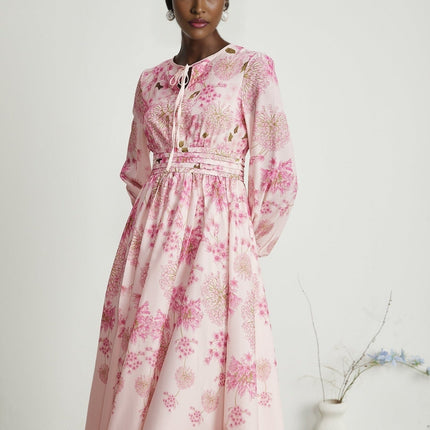 Serenity Pink Floral Midi Dress with Long Puff Sleeves and Pleated Detailing