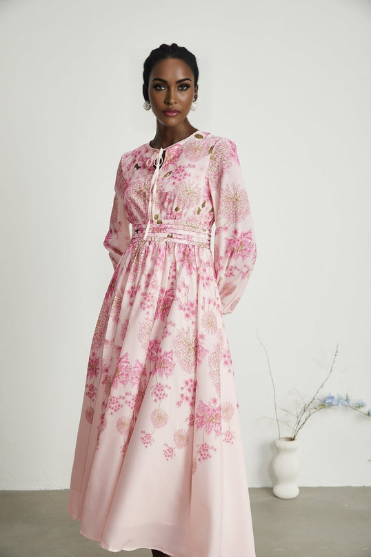 Serenity Pink Floral Midi Dress with Long Puff Sleeves and Pleated Detailing