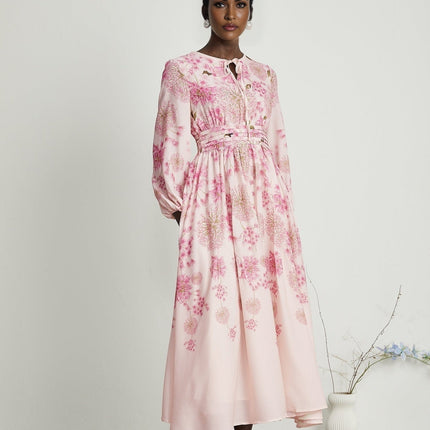 Serenity Pink Floral Midi Dress with Long Puff Sleeves and Round Neck
