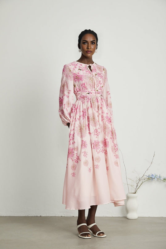 Serenity Pink Floral Midi Dress with Long Puff Sleeves and Round Neck