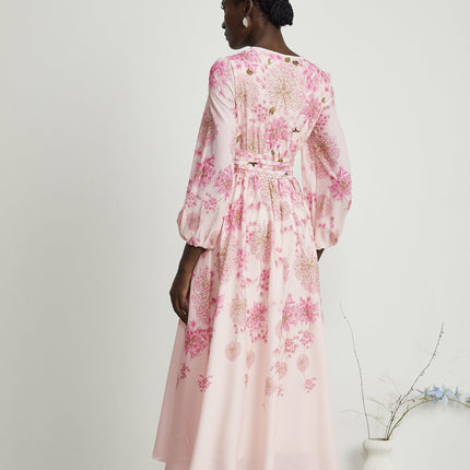 Serenity Pink Floral Midi Dress with Long Puff Sleeves and Round Neck
