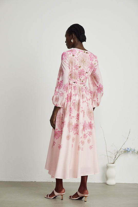 Serenity Pink Floral Midi Dress with Long Puff Sleeves and Round Neck