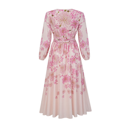 Serenity Pink Floral Midi Dress with Long Puff Sleeves and Pleated Detailing