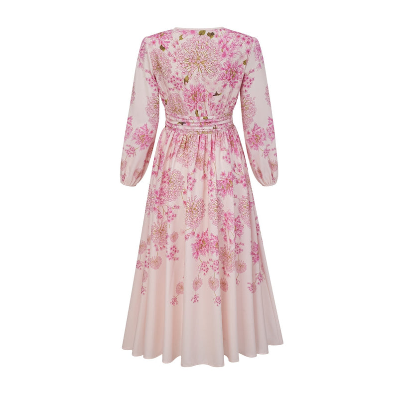Serenity Pink Floral Midi Dress with Long Puff Sleeves and Pleated Detailing