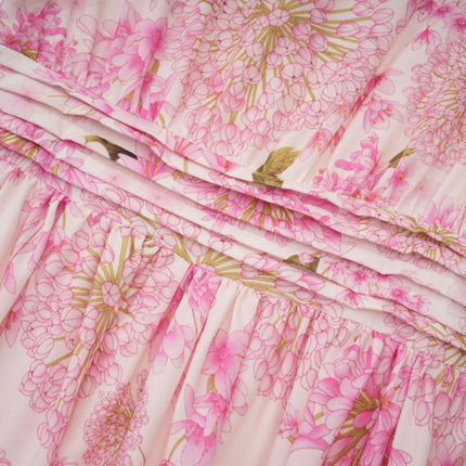 Serenity Pink Floral Midi Dress with Long Puff Sleeves and Pleated Detailing
