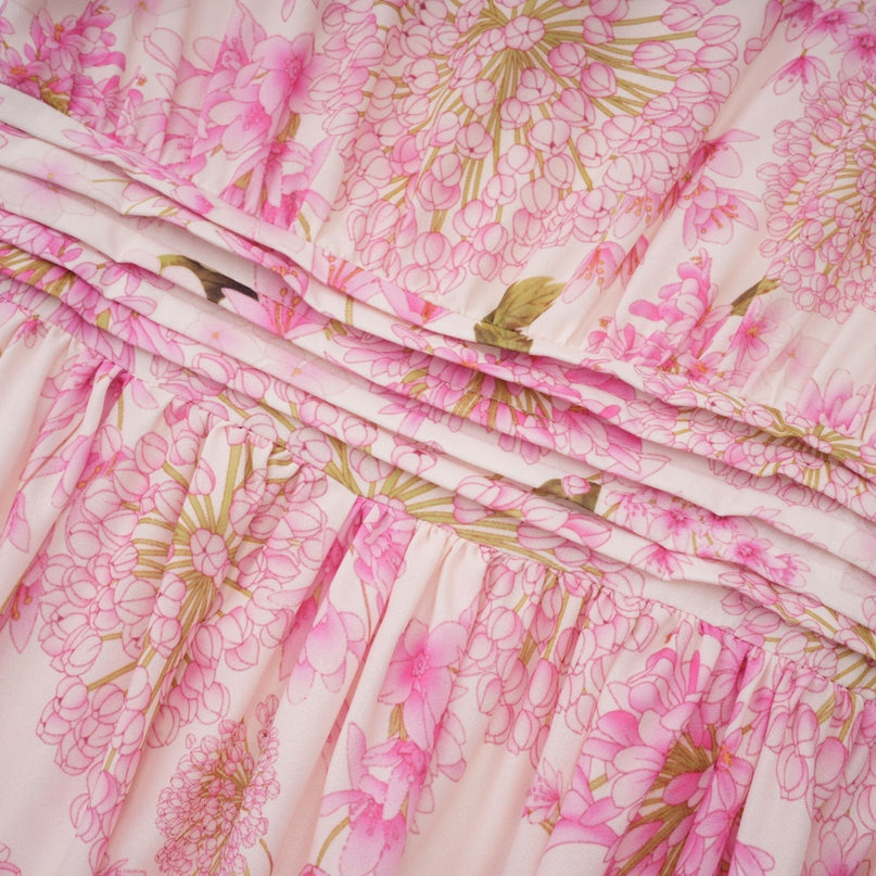 Serenity Pink Floral Midi Dress with Long Puff Sleeves and Pleated Detailing