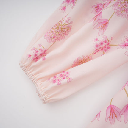Serenity Pink Floral Midi Dress with Long Puff Sleeves and Round Neck