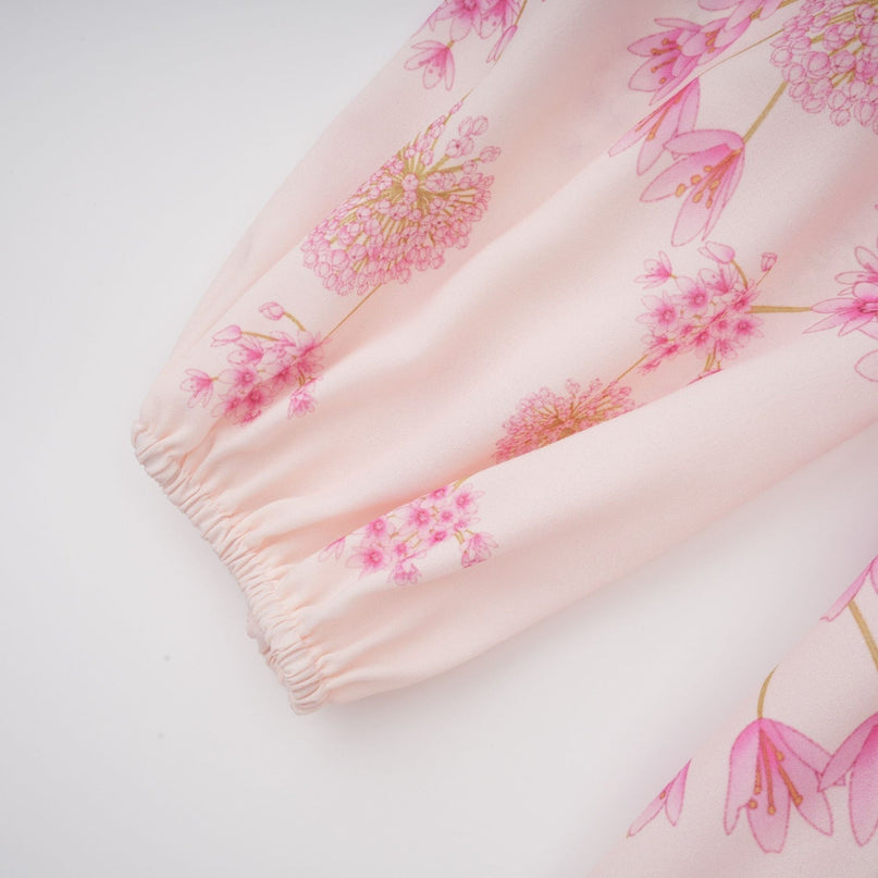 Serenity Pink Floral Midi Dress with Long Puff Sleeves and Round Neck
