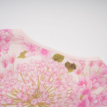 Serenity Pink Floral Midi Dress with Long Puff Sleeves and Round Neck