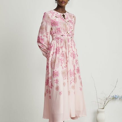 Serenity Pink Floral Midi Dress with Long Puff Sleeves and Round Neck