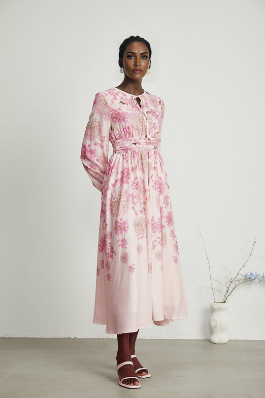 Serenity Pink Floral Midi Dress with Long Puff Sleeves and Round Neck
