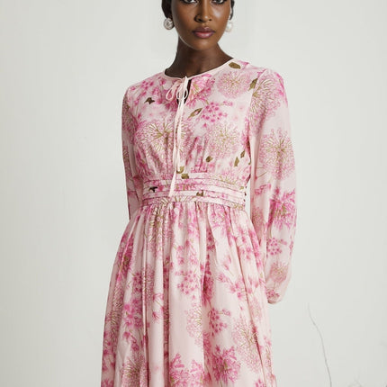 Serenity Pink Floral Midi Dress with Long Puff Sleeves and Pleated Detailing