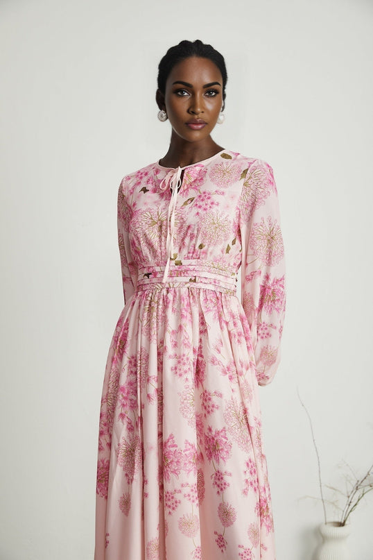 Serenity Pink Floral Midi Dress with Long Puff Sleeves and Pleated Detailing