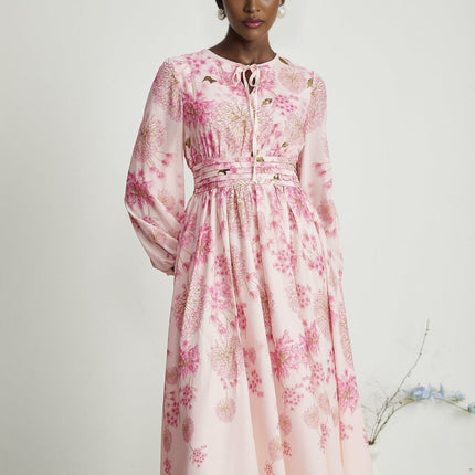 Serenity Pink Floral Midi Dress with Long Puff Sleeves and Round Neck