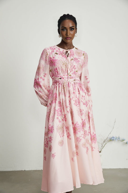 Serenity Pink Floral Midi Dress with Long Puff Sleeves and Round Neck