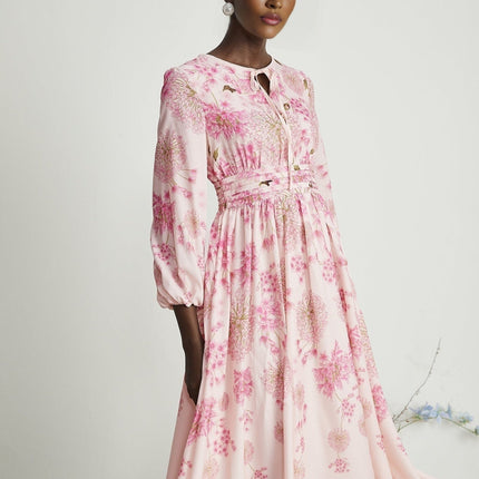 Serenity Pink Floral Midi Dress with Long Puff Sleeves and Pleated Detailing