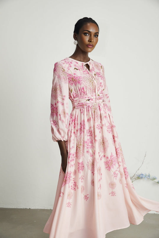 Serenity Pink Floral Midi Dress with Long Puff Sleeves and Pleated Detailing