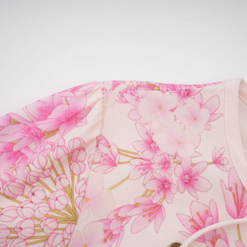 Serenity Pink Floral Midi Dress with Long Puff Sleeves and Round Neck
