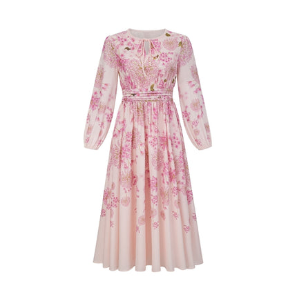 Serenity Pink Floral Midi Dress with Long Puff Sleeves and Pleated Detailing