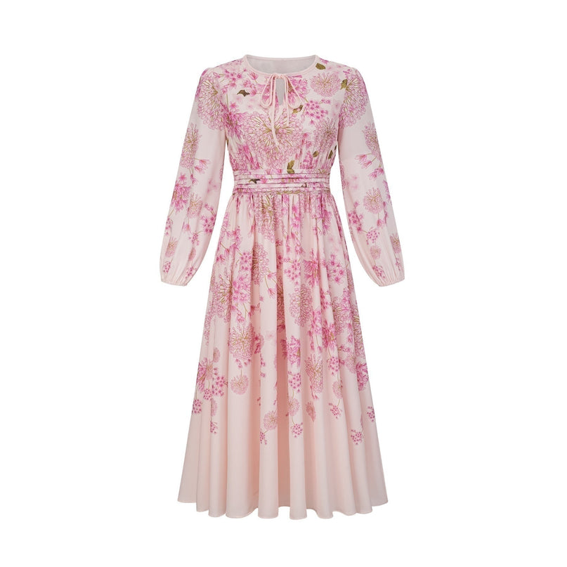 Serenity Pink Floral Midi Dress with Long Puff Sleeves and Pleated Detailing