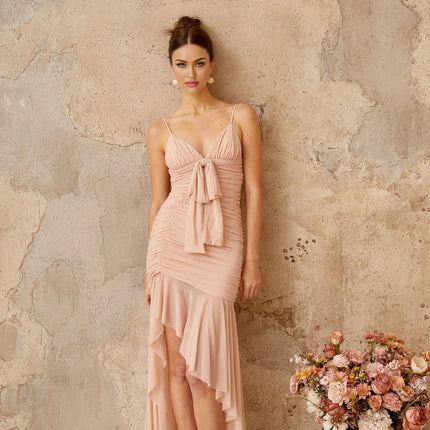Serenity Pink Asymmetrical Hem V-Neck Midi Dress