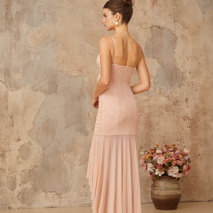 Serenity Pink Asymmetrical Hem V-Neck Midi Dress